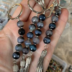 Blue striped agate beaded tassel handmade keychain